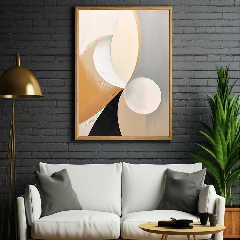 Wadi Home abstract geometric canvas wall art with beige, white, grey, black, and tan tones. Modern art for living rooms.
