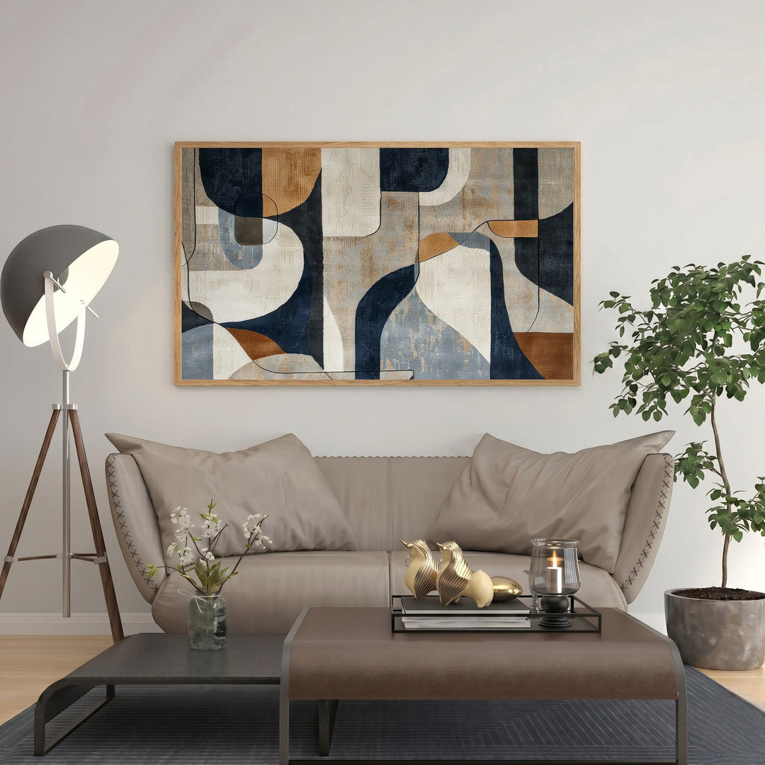 Wadi Home abstract geometric canvas wall art with blue, brown, and neutral tones. Framed modern art.