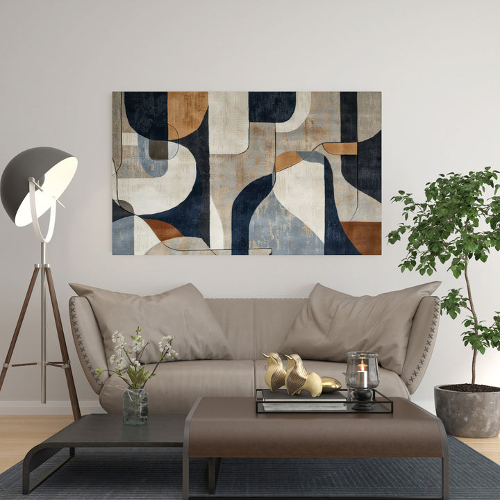 Wadi Home abstract geometric canvas wall art with blue, brown, and neutral tones. Modern art with organic and geometric shapes.