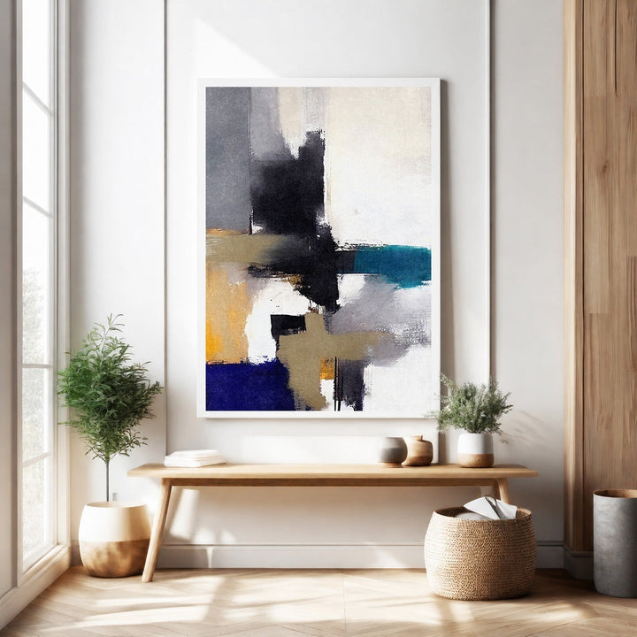 Wadi Home abstract geometric canvas wall art with blues, yellows, grays, and black.