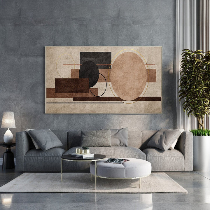 Wadi Home abstract geometric canvas art with brown, beige, black, and gold circles and rectangles.