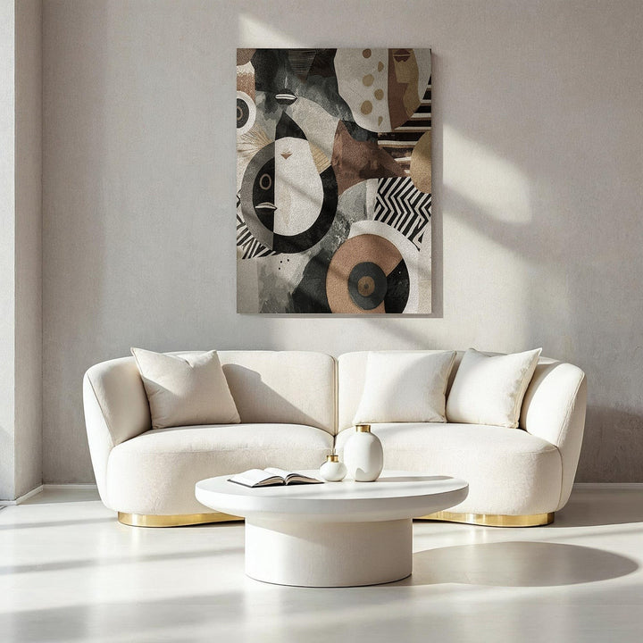 Wadi Home abstract geometric canvas wall art in black, white, beige, and gold with circular and zigzag patterns.