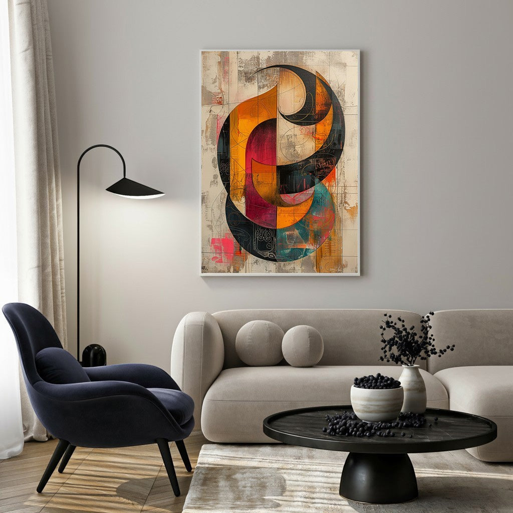 Wadi Home abstract geometric canvas wall art with orange, red, and black shapes on a textured background.