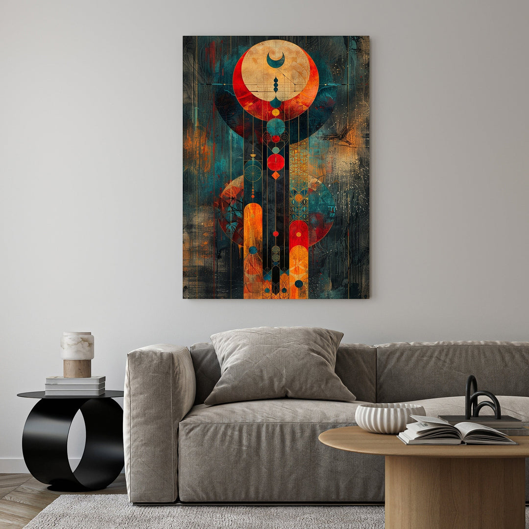 Wadi Home abstract geometric celestial wall art with deep blues, oranges, and reds. Features moon and sun motifs.
