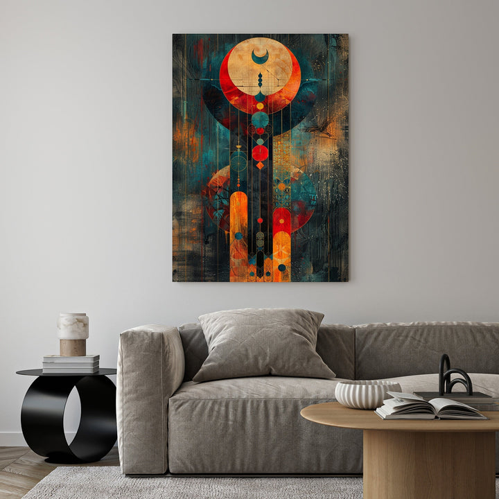 Wadi Home abstract geometric celestial wall art with deep blues, oranges, and reds. Features moon and sun motifs.