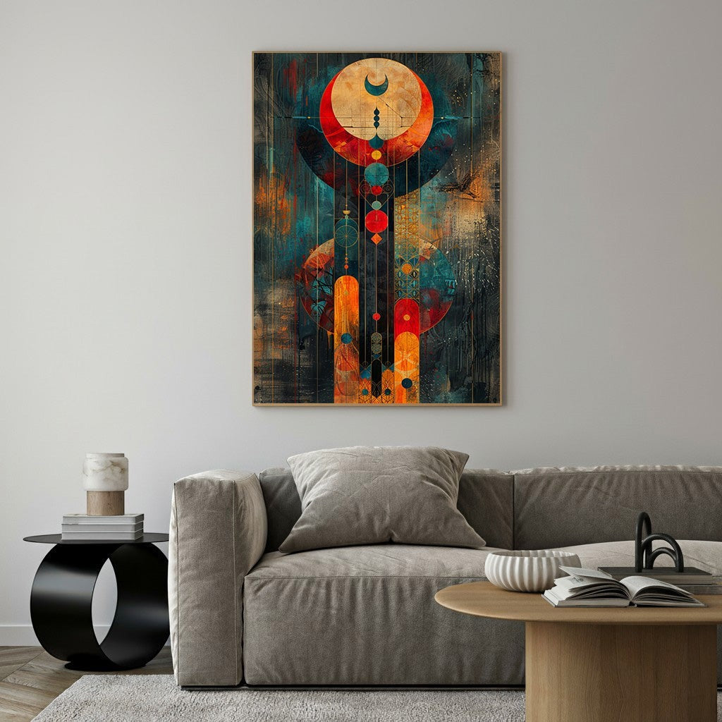 Wadi Home abstract geometric celestial wall art with deep blues, oranges, and reds. Features intricate patterns and cosmic motifs.