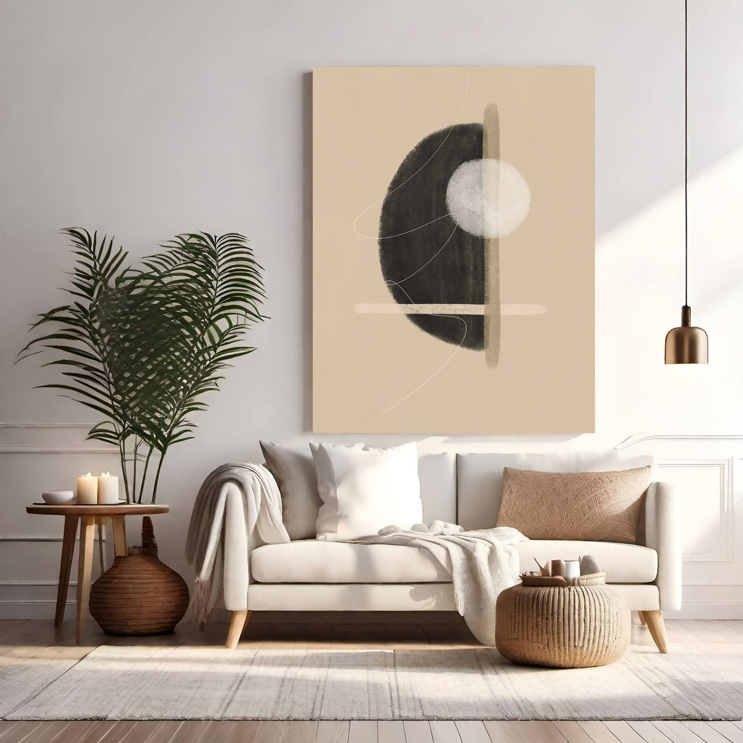 Wadi Home abstract geometric circle canvas art in beige, black, and white with minimalist design.