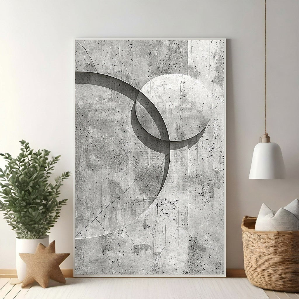 Wadi Home abstract geometric wall art with overlapping circles on a textured concrete background in monochromatic tones.