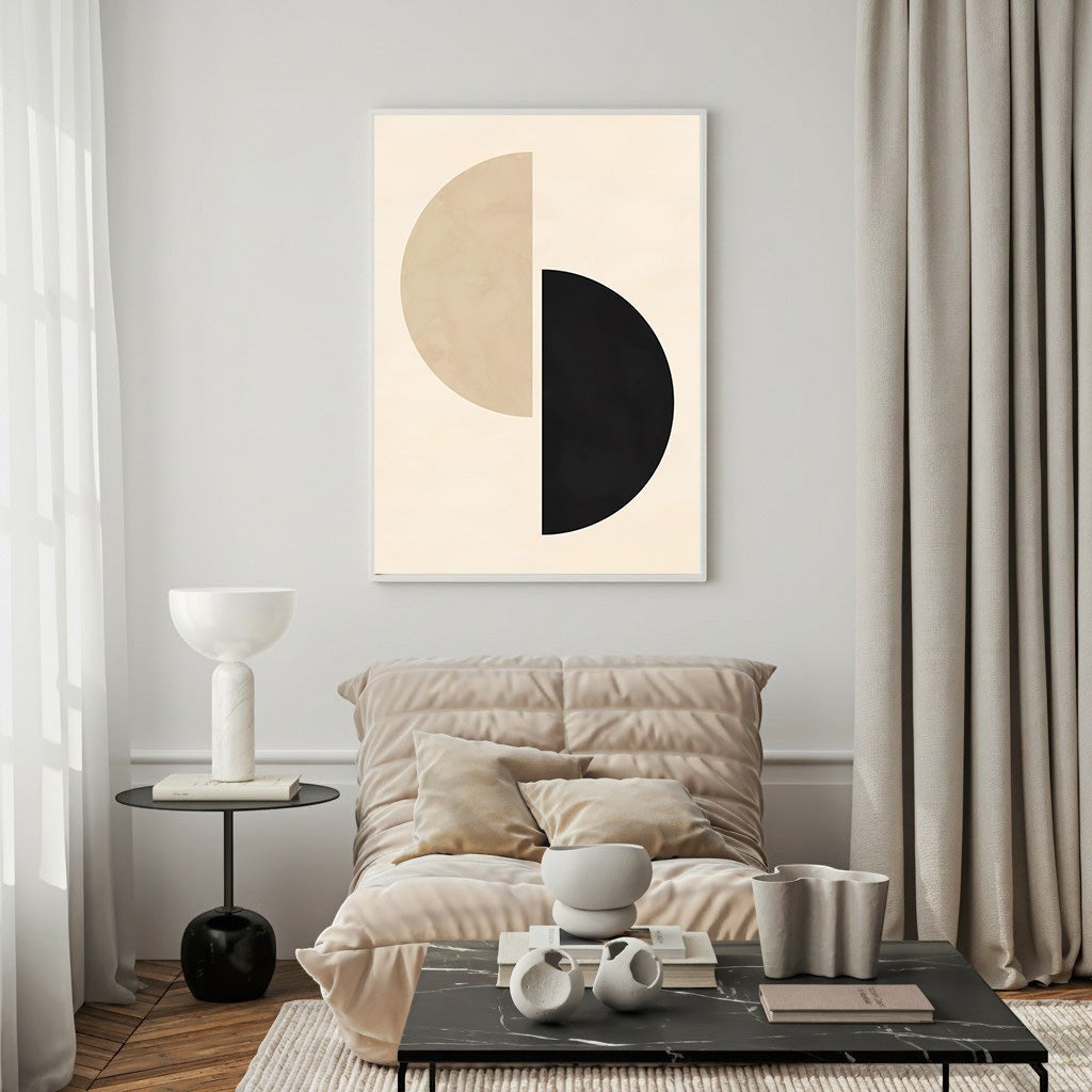 Wadi Home Abstract Geometric Circles Wall Art, beige and black interlocking semi-circles, modern minimalist design.