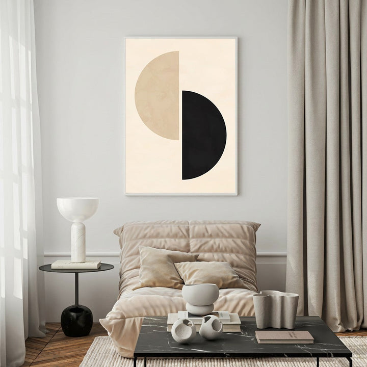 Wadi Home Abstract Geometric Circles Wall Art, beige and black interlocking semi-circles, modern minimalist design.