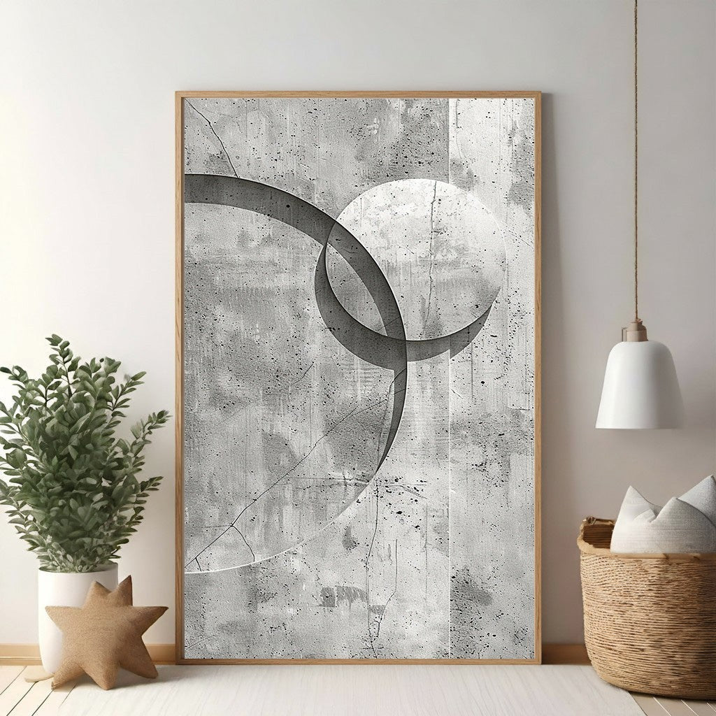 Wadi Home abstract geometric wall art with overlapping circles on a textured concrete background in grey and white.