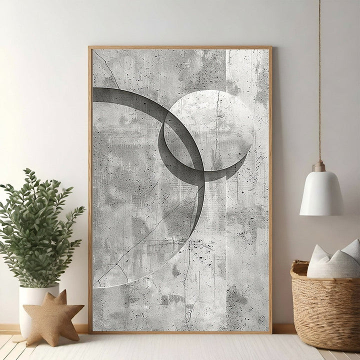 Wadi Home abstract geometric wall art with overlapping circles on a textured concrete background in grey and white.