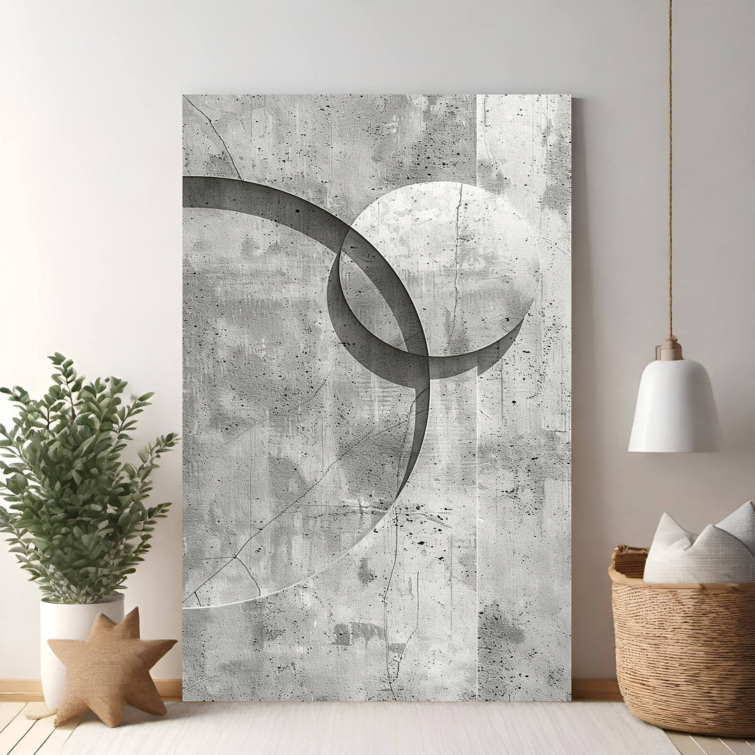Wadi Home abstract geometric wall art with overlapping circles on textured concrete background in grey tones.