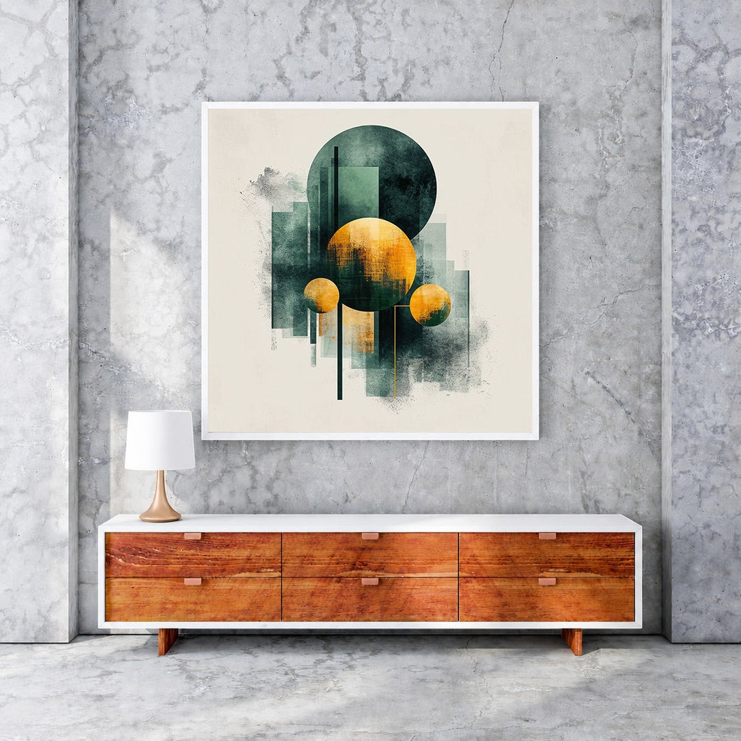 Wadi Home Abstract Geometric Circles Wall Art in deep teal and ochre, modern textured design.
