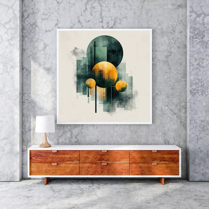 Wadi Home Abstract Geometric Circles Wall Art in deep teal and ochre, modern textured design.