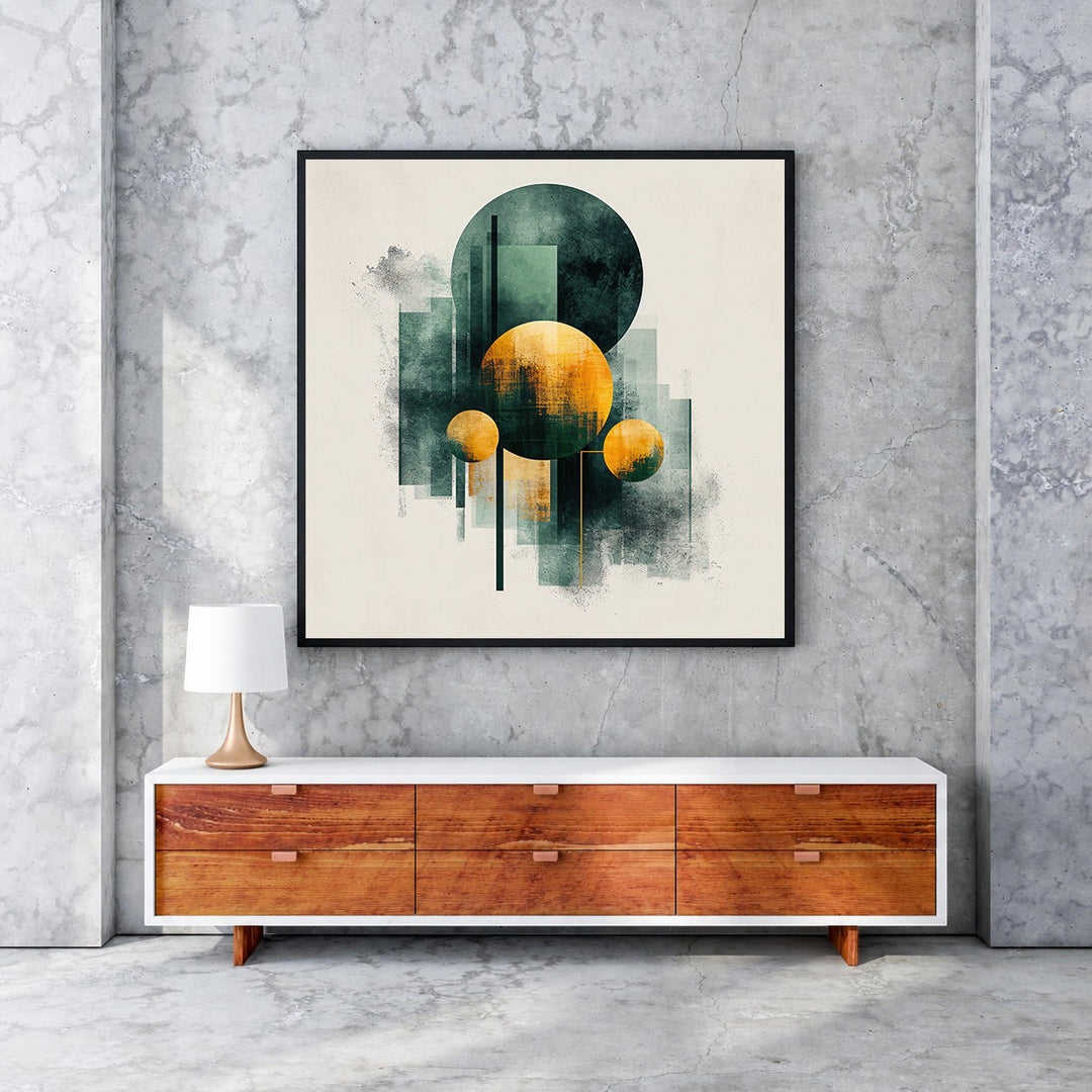Wadi Home Abstract Geometric Circles Wall Art in deep teal and ochre. Modern textured design.