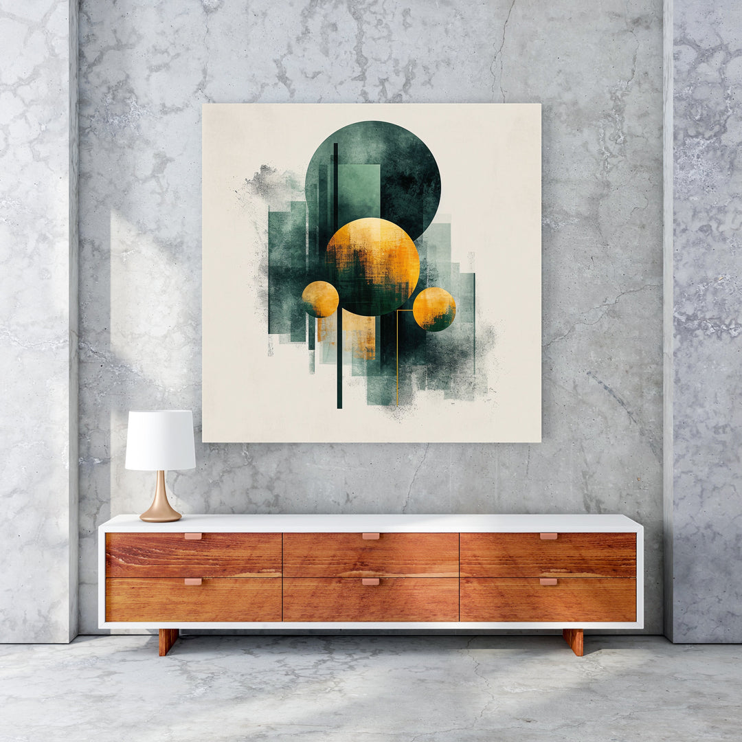 Wadi Home Abstract Geometric Circles Wall Art in deep teal and ochre with textured finish. Modern abstract art.