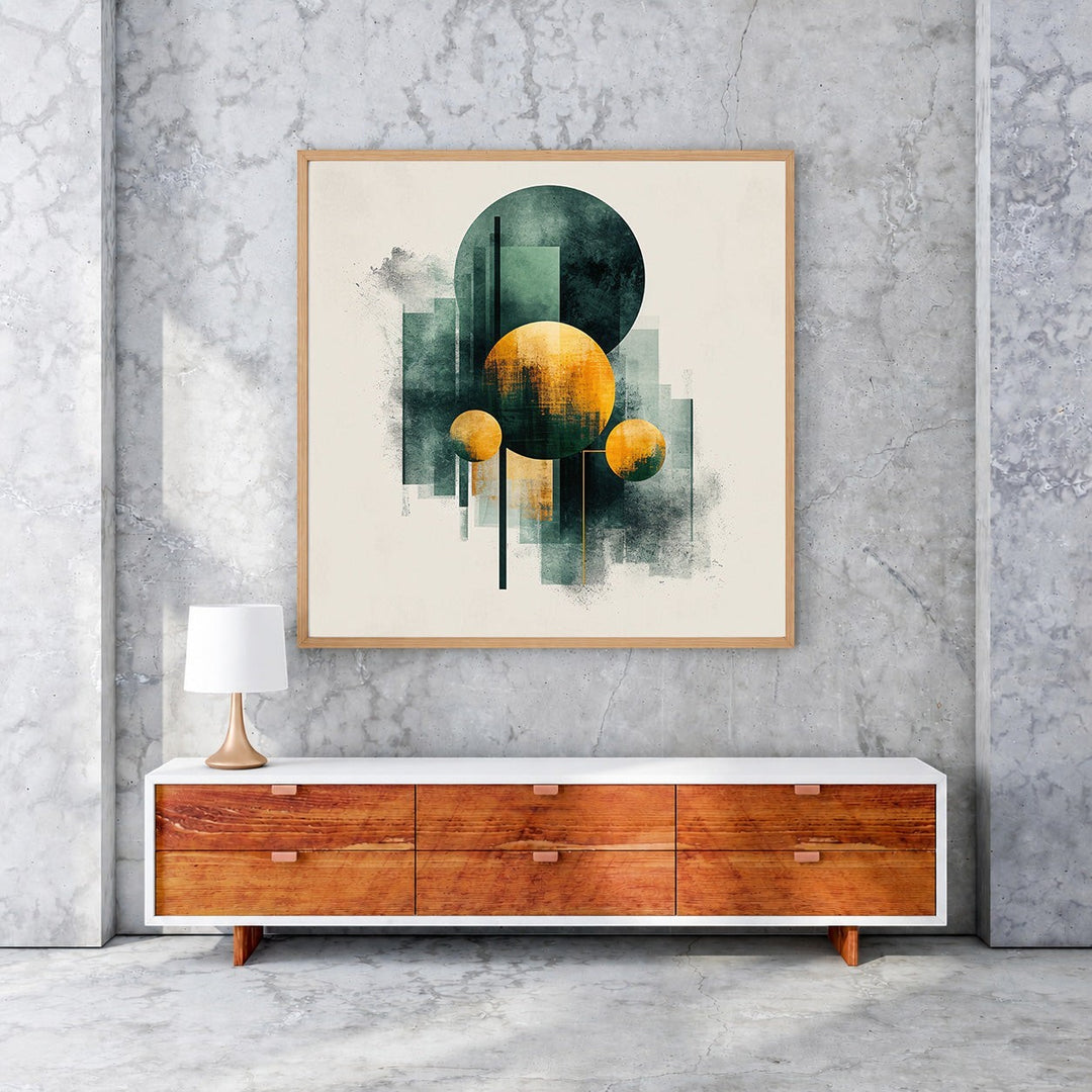 Wadi Home Abstract Geometric Circles Wall Art with deep teal and warm ochre circles and abstract shapes.