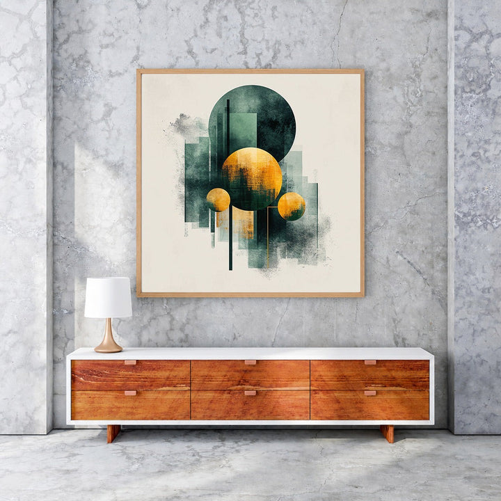 Wadi Home Abstract Geometric Circles Wall Art with deep teal and warm ochre circles and abstract shapes.