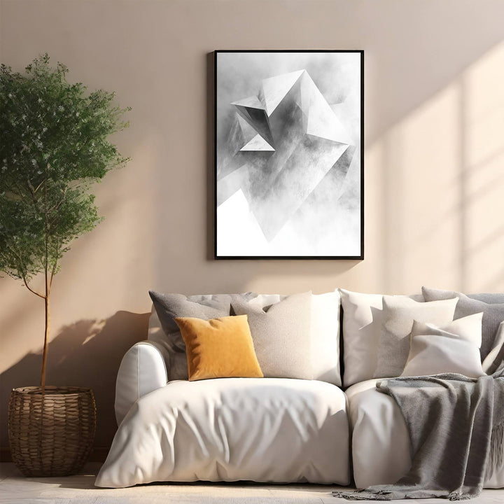 Wadi Home abstract geometric crystal wall art in monochrome with sharp angles and smoky textures, framed in black.
