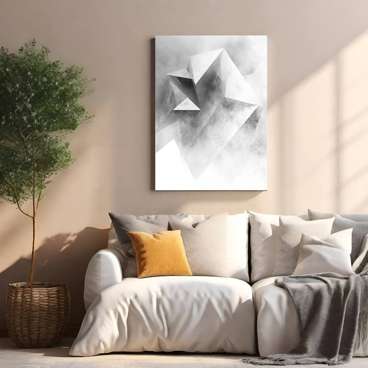 Wadi Home abstract geometric crystal wall art in monochrome with sharp angles and smoky textures.