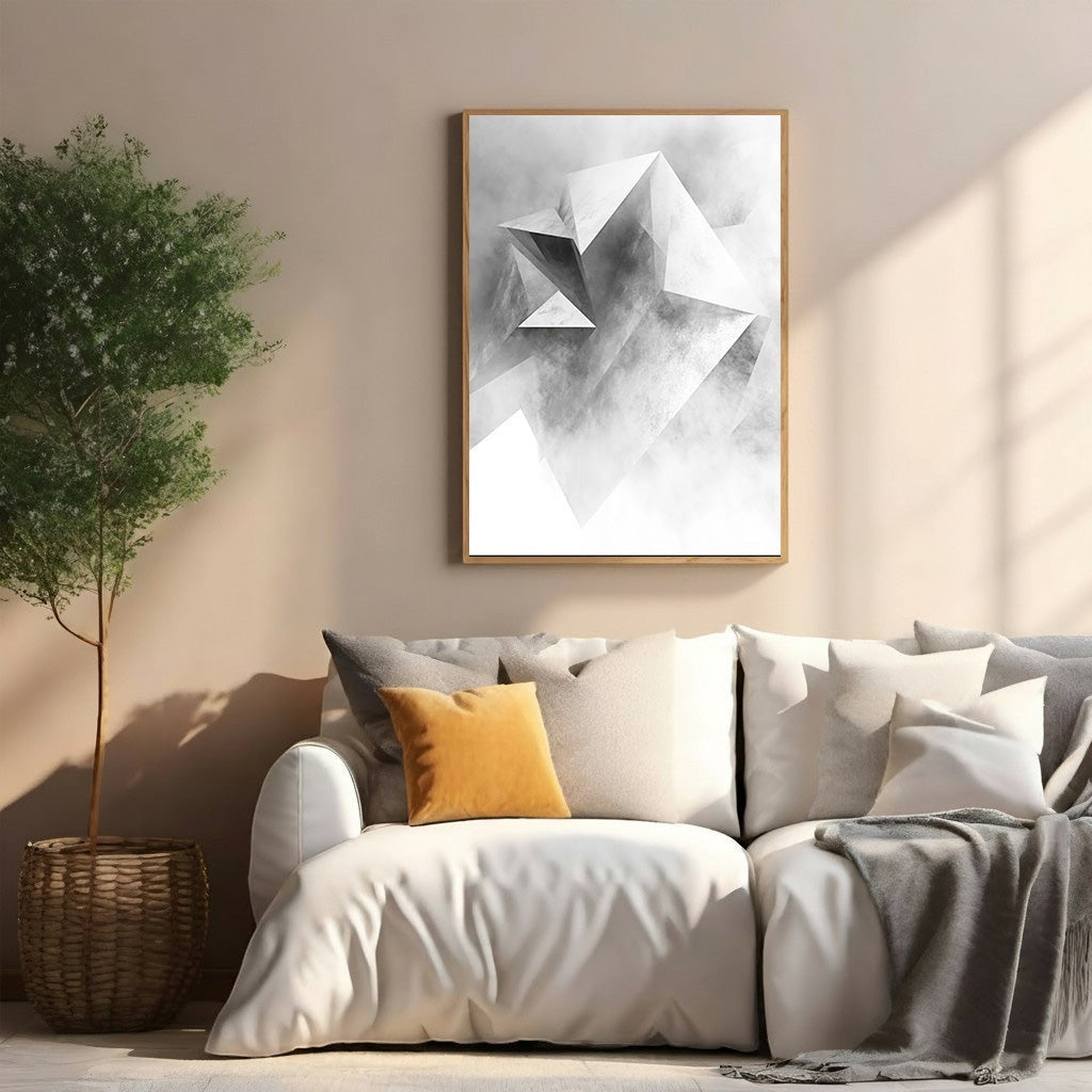 Wadi Home abstract geometric crystal wall art in monochrome with sharp angles and smoky textures, framed in light wood.