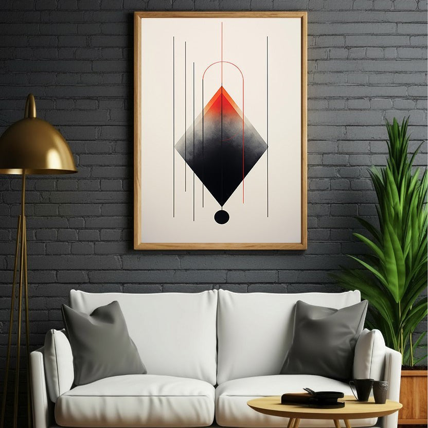 Wadi Home abstract geometric diamond wall art with red to black gradient and minimalist lines.