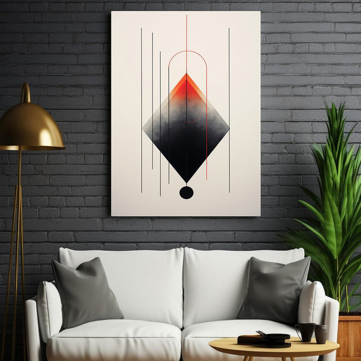 Wadi Home abstract geometric diamond wall art with red to black gradient, minimalist lines, and red arch.