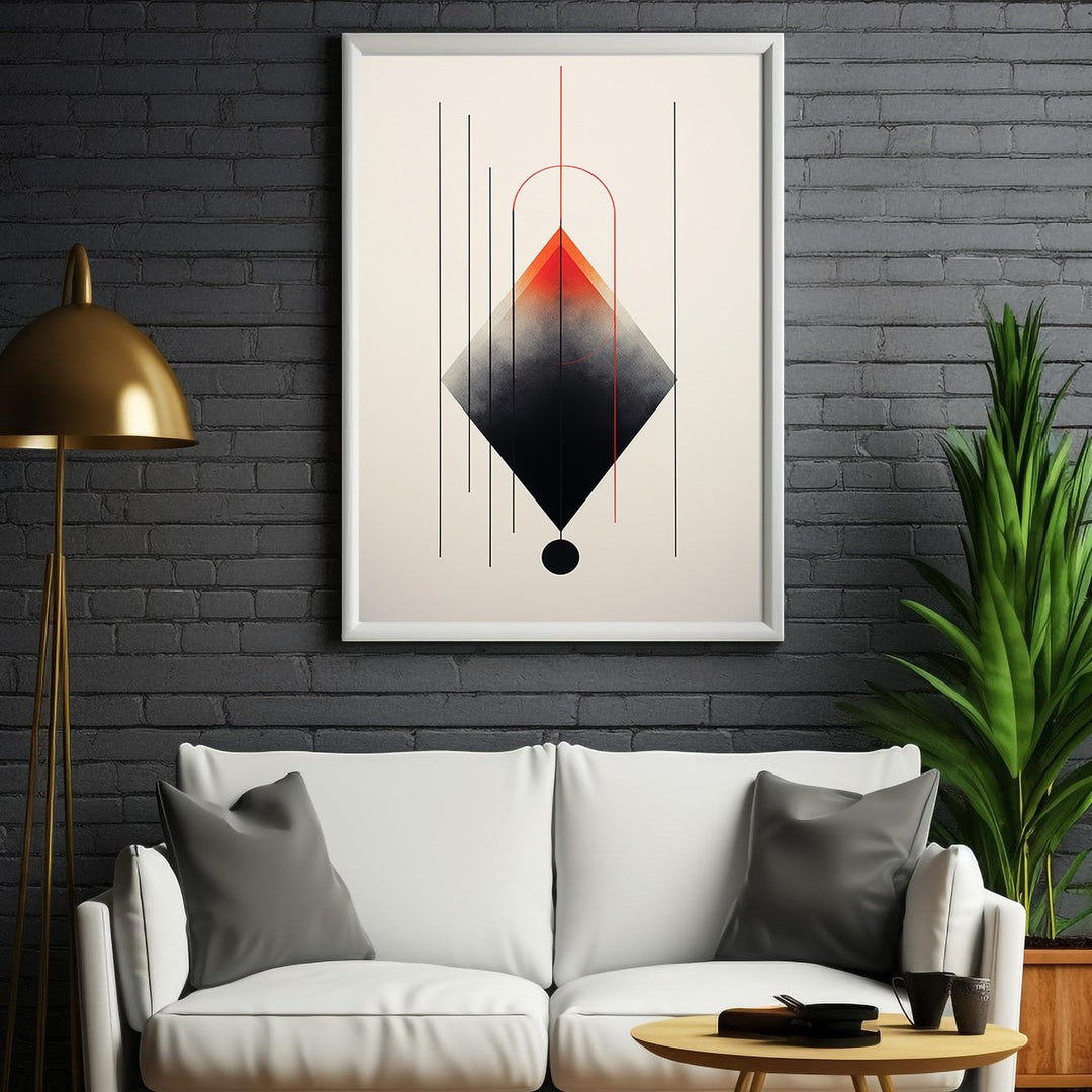 Wadi Home abstract geometric diamond wall art with red to black gradient, minimalist lines, and red arch.