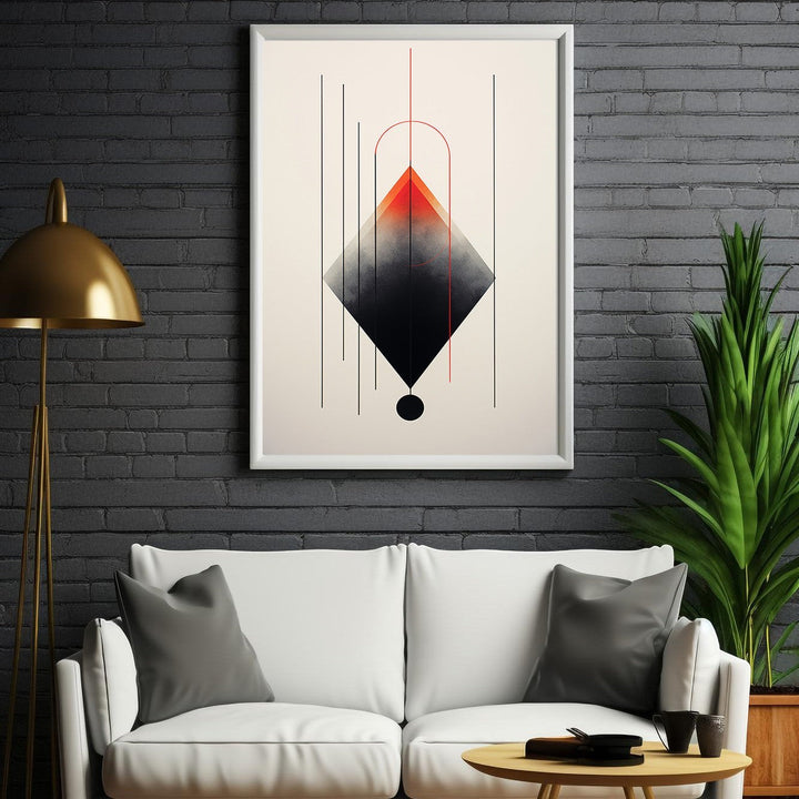 Wadi Home abstract geometric diamond wall art with red to black gradient, minimalist lines, and red arch.