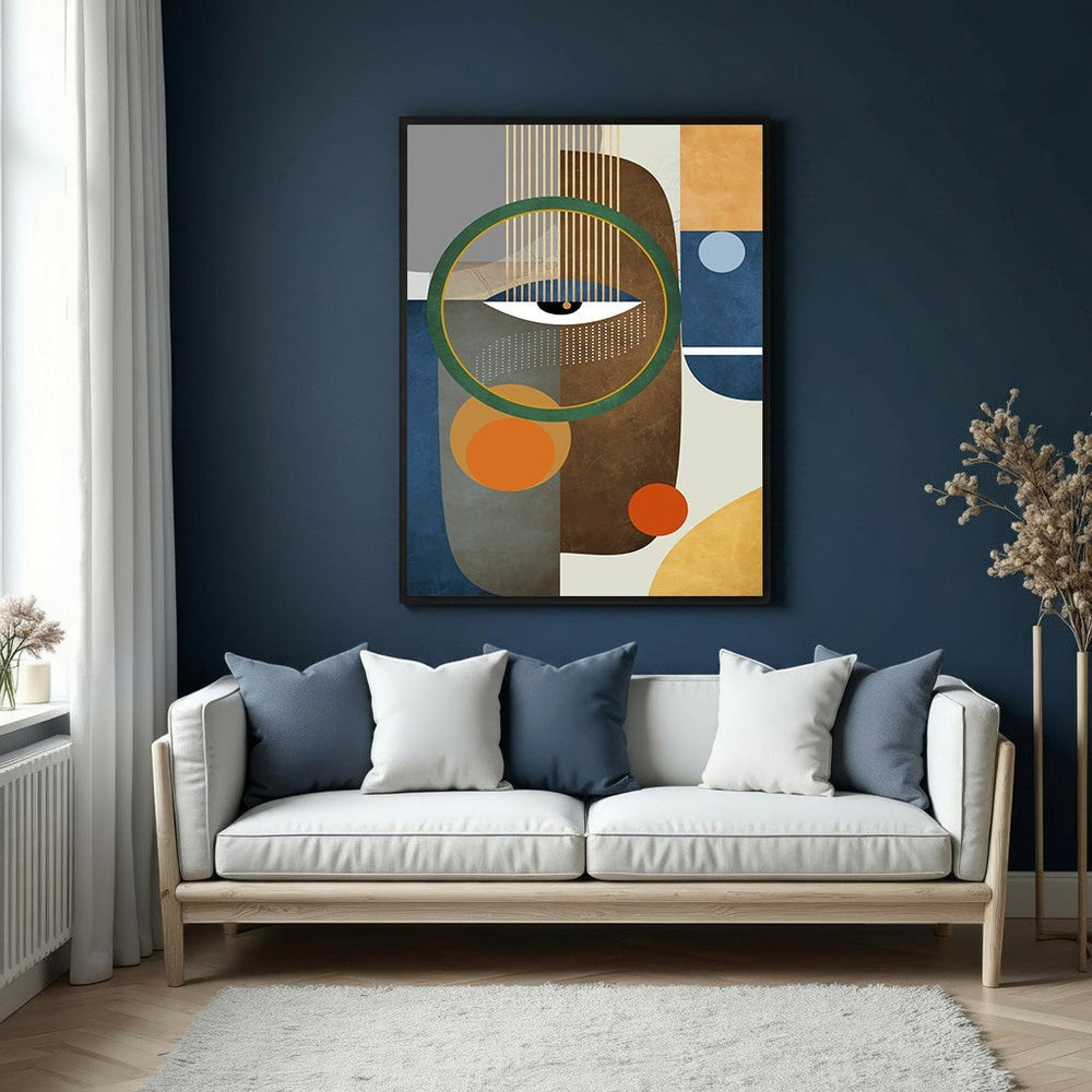 Wadi Home abstract geometric face wall art with eye motif in earthy tones and blues. Modern art for living rooms.