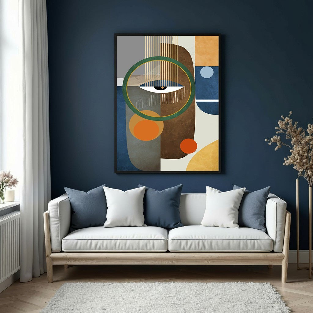 Wadi Home abstract geometric face wall art with eye motif in earthy tones and blues. Modern art for living rooms.