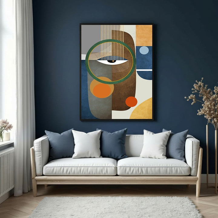 Wadi Home abstract geometric face wall art with eye motif in earthy tones and blues. Modern art for living rooms.