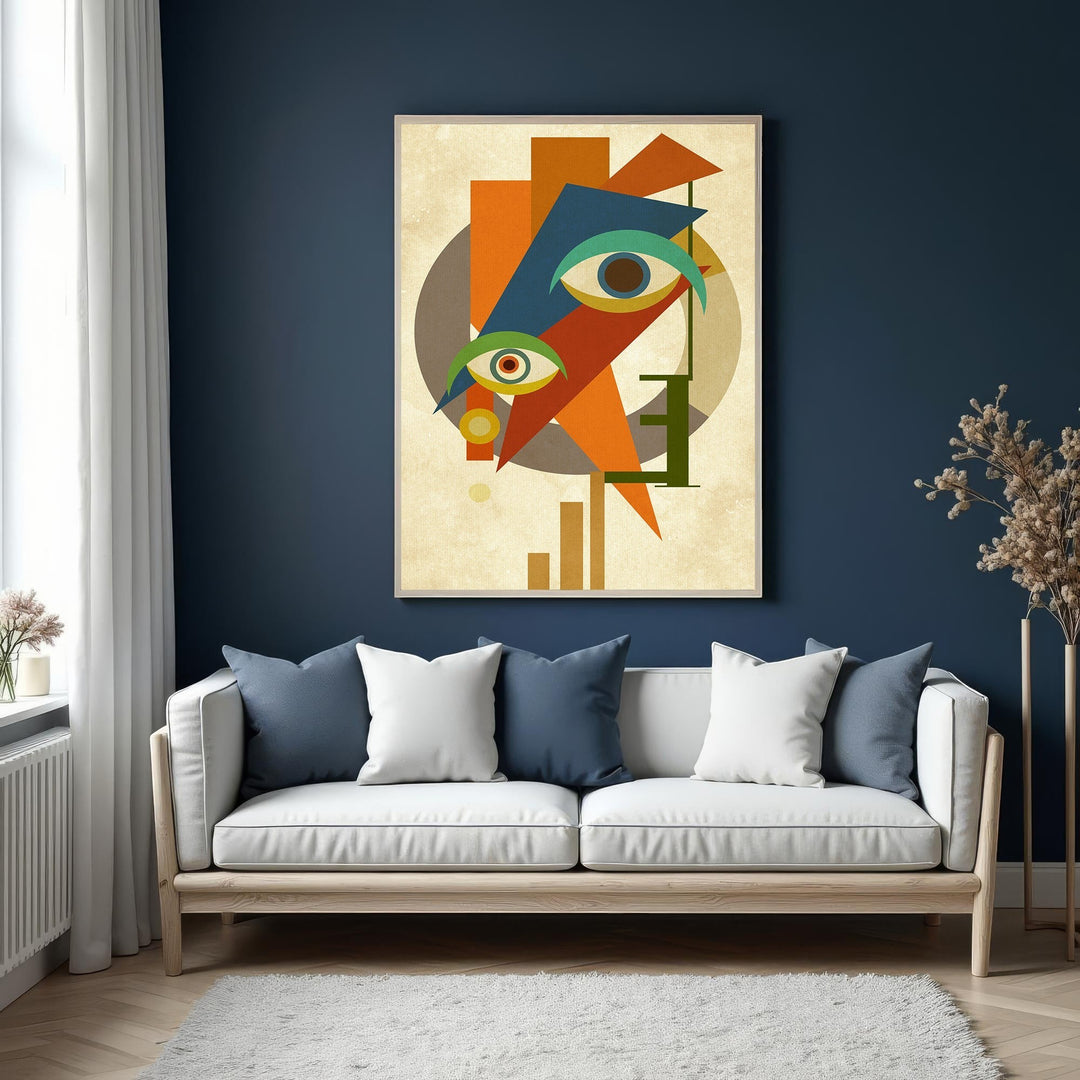 Wadi Home abstract geometric face wall art with vibrant oranges, blues, greens, and earthy tones.