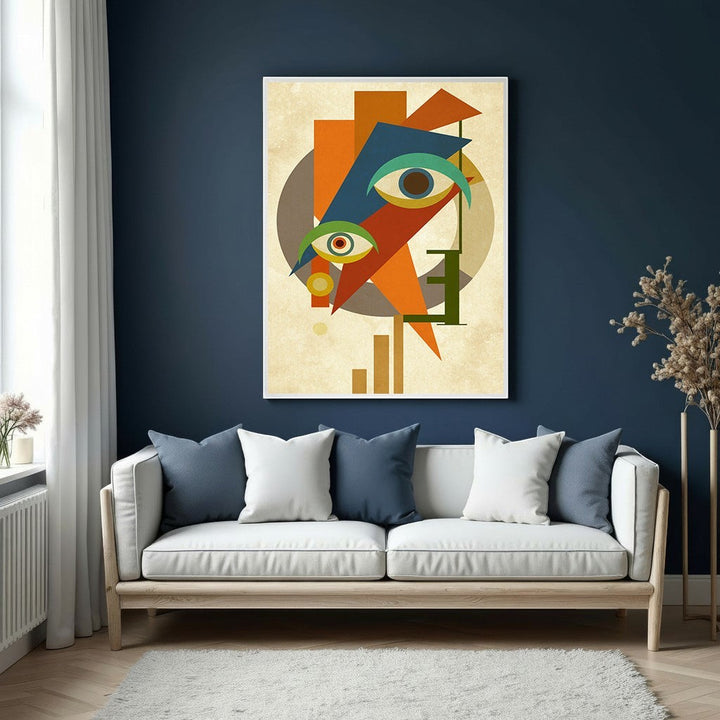 Wadi Home abstract geometric face wall art with vibrant oranges, blues, greens, and earthy tones.