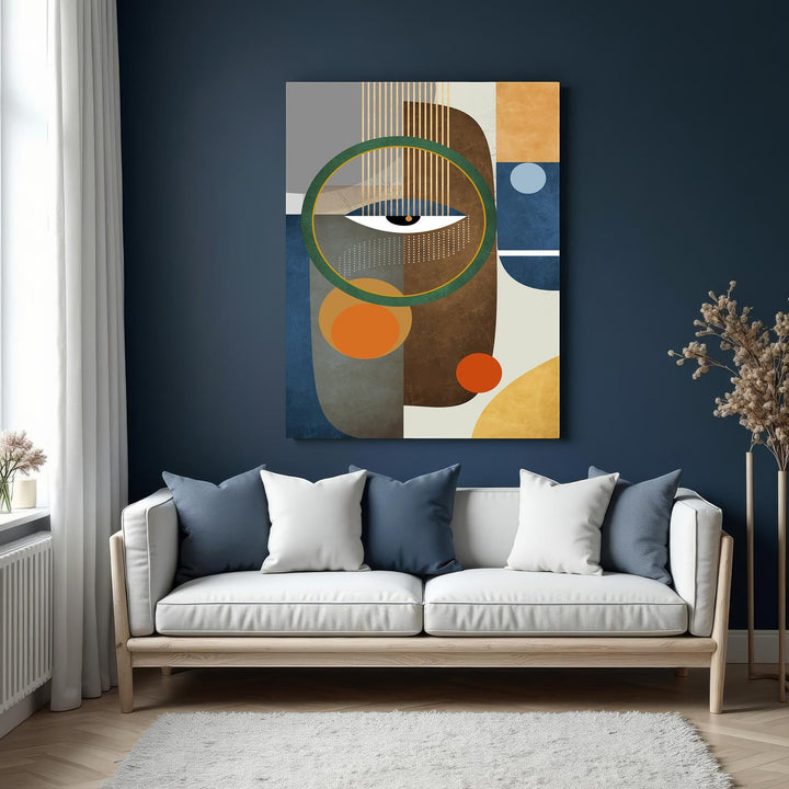 Wadi Home abstract geometric face wall art with eye motif in earthy tones and bold shapes.
