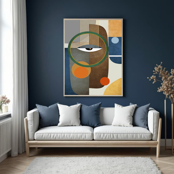 Wadi Home abstract geometric face wall art with eye motif in earthy tones and bold shapes.