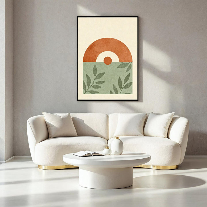 Wadi Home abstract geometric leaf artwork in terracotta and sage green, minimalist modern wall art.