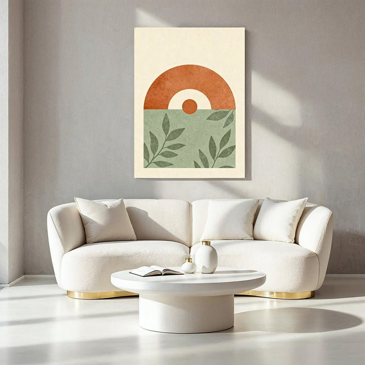 Wadi Home abstract geometric leaf artwork in terracotta and sage green, minimalist modern wall art.