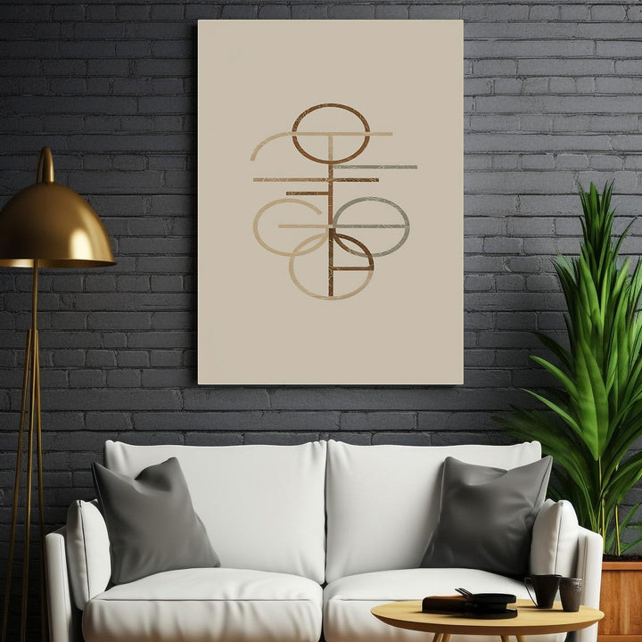 Wadi Home abstract geometric line art print in earthy tones of brown and grey on a beige background.
