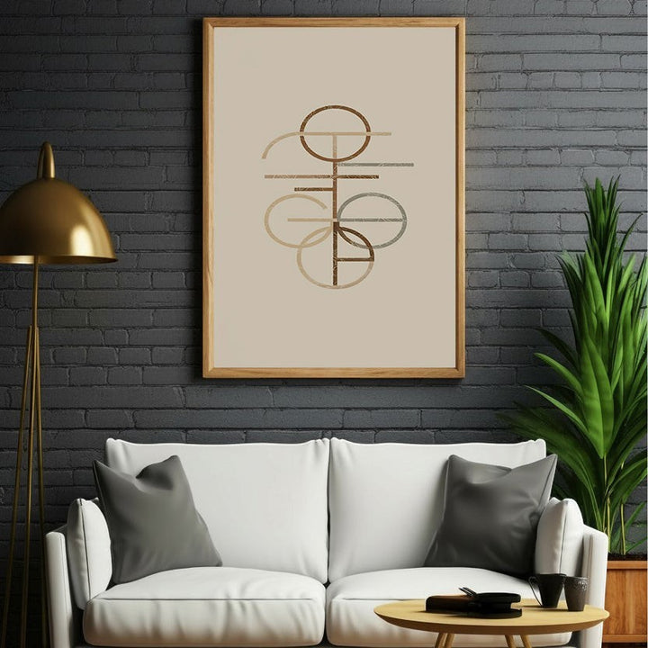 Wadi Home abstract geometric line art print in earthy tones and greys, framed in light wood.