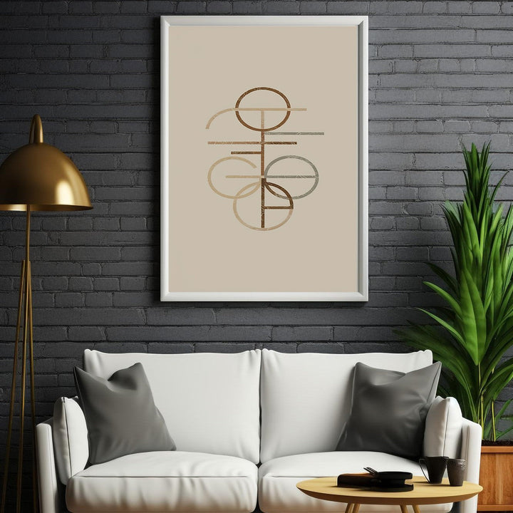 Wadi Home abstract geometric line art print in earthy tones and greys, framed in white, modern minimalist decor.