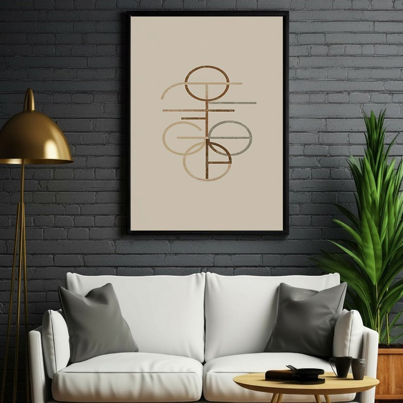 Wadi Home abstract geometric line art print in earthy tones and greys, minimalist modern wall art.
