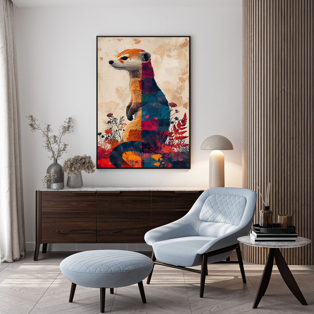 Wadi Home abstract geometric meerkat portrait wall art with vibrant colors and botanical elements.