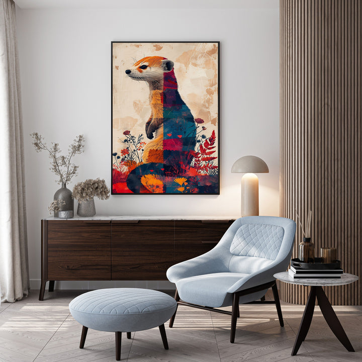 Wadi Home abstract geometric meerkat portrait wall art with vibrant colors and botanical elements.