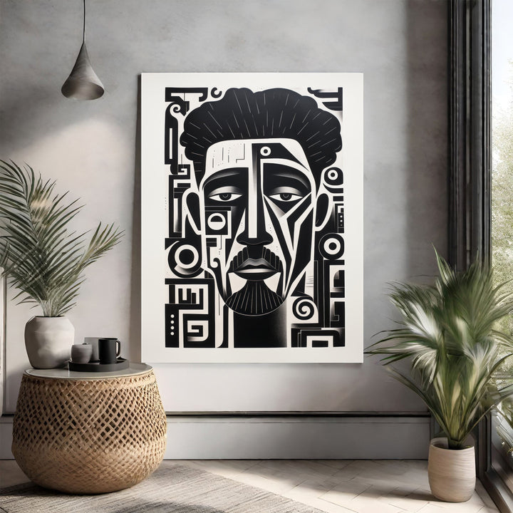 Wadi Home abstract geometric portrait wall art, monochrome black and white design with sharp lines and patterns.