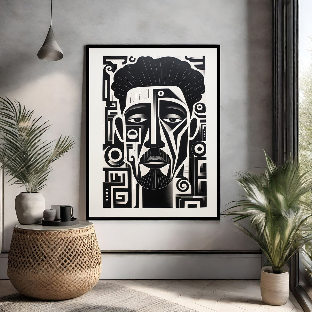 Wadi Home abstract geometric portrait wall art, monochrome black and white design, modern art for contemporary interiors.