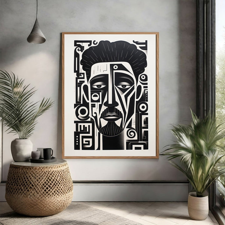 Wadi Home abstract geometric portrait wall art in monochrome black and white, featuring sharp lines and bold patterns.