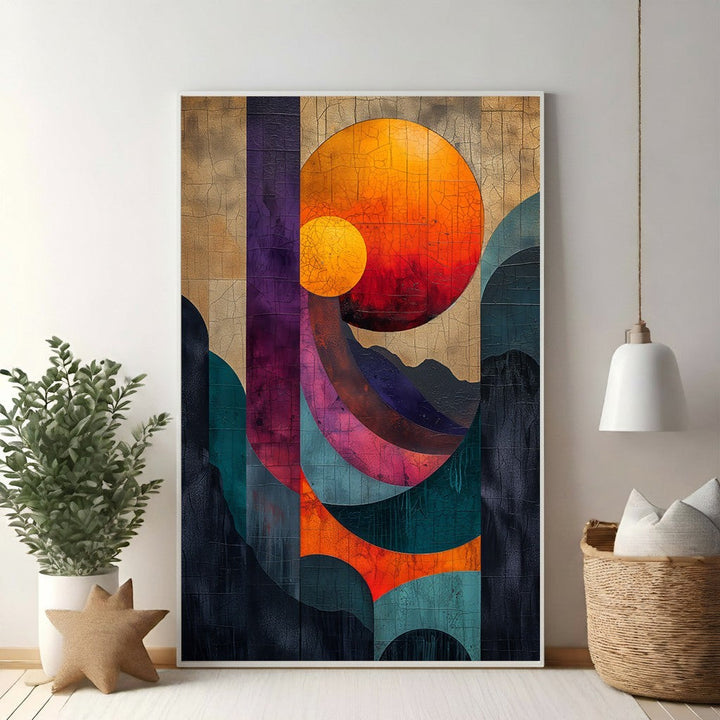 Wadi Home abstract geometric sun landscape wall art with oranges, purples, and blues. Textured finish.