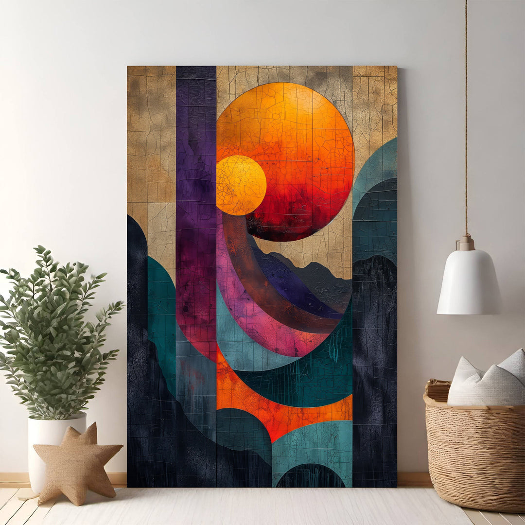 Wadi Home abstract geometric sun landscape wall art with oranges, purples, and blues. Textured finish.